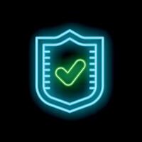 Neon shield showing green tick mark on black background vector