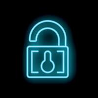 Neon padlock open glowing on black background vector