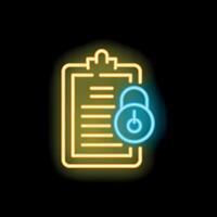 Neon icon of clipboard with padlock representing secure data vector