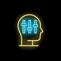 Neon icon of human head with settings sliders representing personal growth and development vector