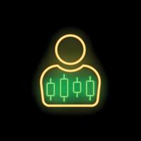 Neon icon of person analyzing stock market data with candlestick charts vector