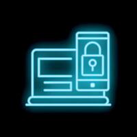 Neon icon of smartphone protecting laptop with padlock illustrating mobile security vector