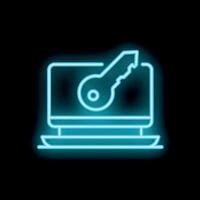Blue neon icon of computer access key on black background vector