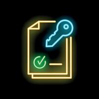 Neon key unlocking document with check mark icon on black background vector