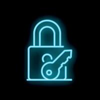 Neon padlock and key shining on black background vector