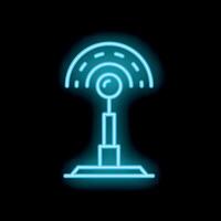 Neon icon of radio tower transmitting signals on black background vector