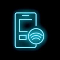 Neon icon of smartphone emitting wifi signal on black background vector