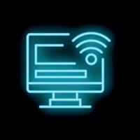 Neon computer icon displaying wifi signal on black background vector