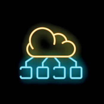 Neon glowing icon representing cloud computing connecting to servers vector
