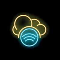 Neon wifi symbol glowing under neon clouds on black background vector