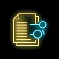 Neon icon of documents being organized and connected representing data analysis vector