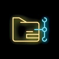 Neon icon of folder sharing data on black background vector