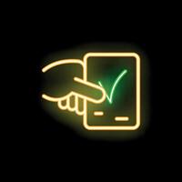 Hand holding smartphone with check mark on screen neon sign vector