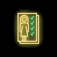 Neon icon of woman with checkmark for voting, election, choice, polling, survey, candidate vector