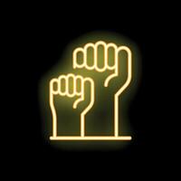 Two hands with clenched fists raised in the air glowing neon style vector