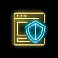 Neon icon of shield protecting website for cybersecurity concept vector