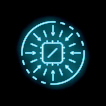 Neon icon of a cpu receiving data from all directions vector