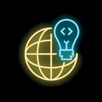 Neon icon of light bulb overlaying globe for global innovation concept vector