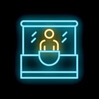 Neon icon of a person standing behind a counter with a protective glass, for business and security concepts vector