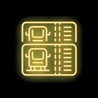 Yellow neon bus ticket icon glowing against a black background vector