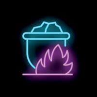 Neon witch cauldron boiling over burning flames icon vector