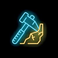 Neon icon of hammer breaking stone representing hard work and mining vector