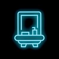 Glowing neon icon of dressing table with mirror and cosmetics on black background vector