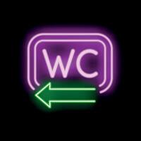 Wc neon sign showing direction with arrow on black background vector
