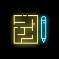 Neon icon of pen solving a maze puzzle with glowing lines vector