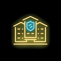 Neon icon of buildings being protected by a shield vector