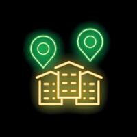 Neon sign showing location pins above buildings on black background vector