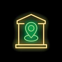 Neon sign showing location pin inside building facade vector