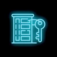 Neon hotel building key icon glowing on black background vector