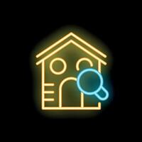 Neon icon of magnifying glass searching for house representing property search vector