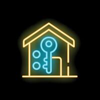 Neon icon of house key representing home security and ownership vector