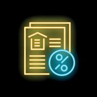 Neon icon of documents for mortgage loan with interest rate vector