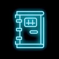 Glowing neon notebook icon with blue light effect on black brick wall background vector
