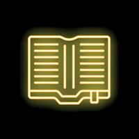 Yellow neon sign of open book on black background vector