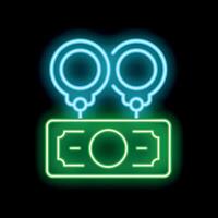 Neon handcuffs hanging from stack of money on black background vector