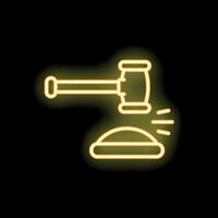 Neon gavel striking sound block icon on black background vector