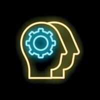 Neon icon of two heads sharing ideas with gear mechanism inside vector