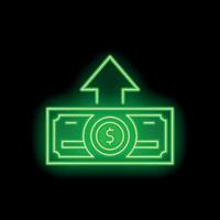 Green neon dollar bill increasing its value with up arrow vector