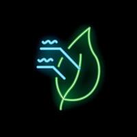Neon icon of green leaf receiving data from digital circuit for green technology concept vector