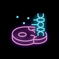 Neon icon of dna being injected into meat representing cultured meat vector