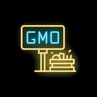 Neon sign showing a gmo signpost in front of a crate full of vegetables vector