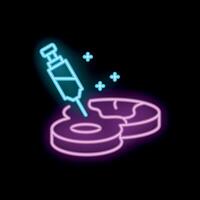 Neon syringe injecting hormones into meat representing genetically modified food vector