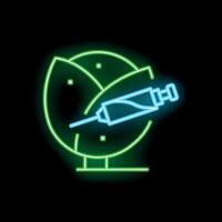 Glowing neon line depicting a syringe injecting antidote into an apple, symbolizing health and medical protection vector