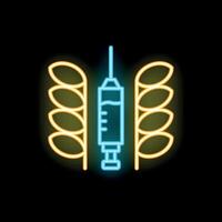 Neon icon of syringe injecting gmo into wheat for food modification vector