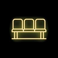Yellow neon icon of three empty chairs forming a bench on black background vector