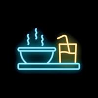 Neon sign showing steaming bowl of soup and drink on tray vector
